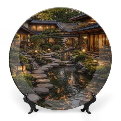 Night Japanese Garden Koi Pond Bone China Decorative Plate with Stand & Wall Hook - 8 Inch