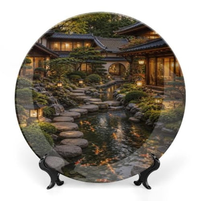 Night Japanese Garden Koi Pond Bone China Decorative Plate with Stand & Wall Hook - 8 Inch