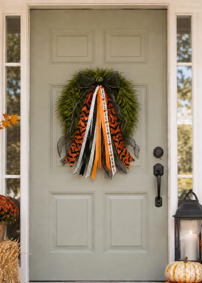 Halloween Wreath Sash with Bat Streamers Front Door Ribbon Bow - Variation of Halloween-2