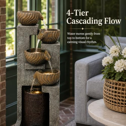 Sunroom Floor Fountain 43.7 in with 4-Bowl Cascade & Warm LED Light Gray Brown Variation