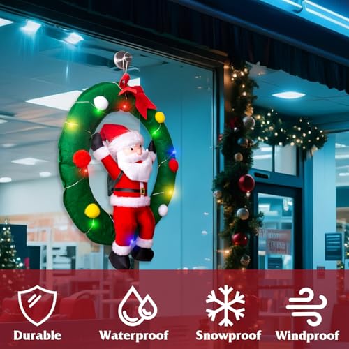 34-Inch Hanging Christmas Decor Santa Claus in Wreath with LED Lights - Holiday Indoor Outdoor Decoration - Variation of Santa Claus in Wreath