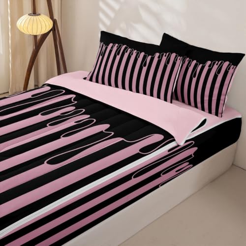 Black Pink Striped Zipper Bedding Set Twin with Comforter & Sheets for Kids - Minimalist Geometric Lines Bed in a Bag - Variation: Black Pink / Twin