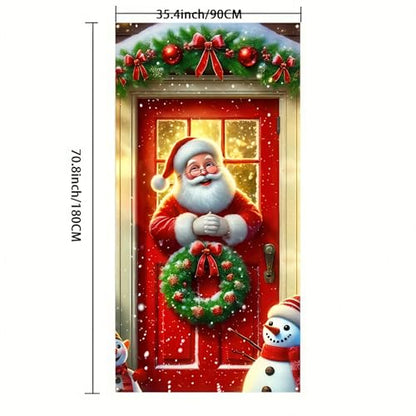 Christmas Door Cover Santa Pine Greenery 35x71 Inch Holiday Decor - Green & Red
