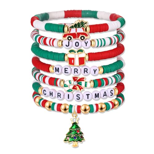 Christmas Bracelets Set - Beaded Candy Cane and Tree Jewelry Gifts