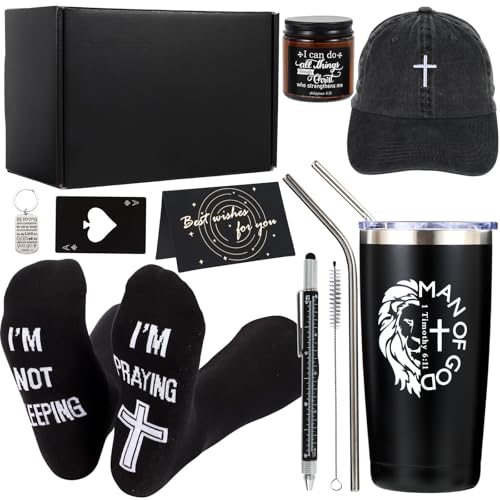 Religious Christian Gift Set for Men Christmas - Inspirational Spiritual Gifts with Tumbler Socks Cap Keychain Candle & More - Style 1