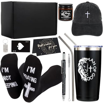 Religious Christian Gift Set for Men Christmas - Inspirational Spiritual Gifts with Tumbler Socks Cap Keychain Candle & More - Style 1