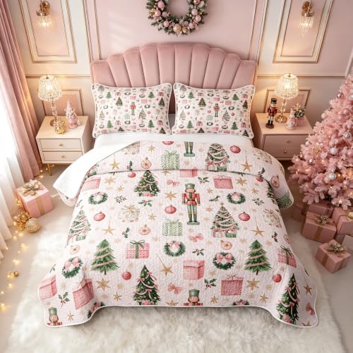 Manfei Quilted Bedspread Set Queen Size 3 Pieces Pink Green - Includes 1 Quilt & 2 Pillowcases