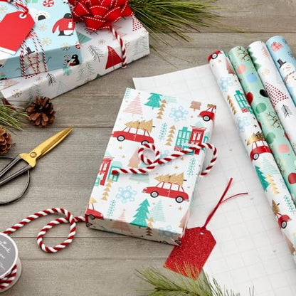 Christmas Wrapping Paper Bundle with Quirky Holiday Designs, 4 Rolls with Cut Lines, Blue, Gold, Yeti, Santa, Penguin