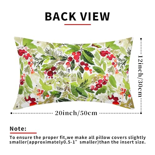 J-Green Christmas Watercolor Holly Lumbar Pillow Covers Set of 2 12x20 Inches Seasonal Decor