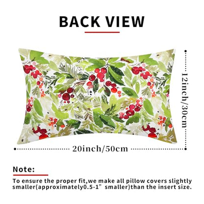 J-Green Christmas Watercolor Holly Lumbar Pillow Covers Set of 2 12x20 Inches Seasonal Decor