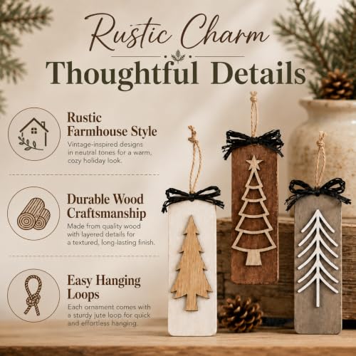 12 Pack Wooden Christmas Tree Ornaments - Rustic Farmhouse Holiday Decor