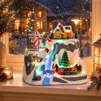 VCUTEKA Christmas Village Houses with Ski Slope, Moving Train & Carousel - Ski Peak Variation