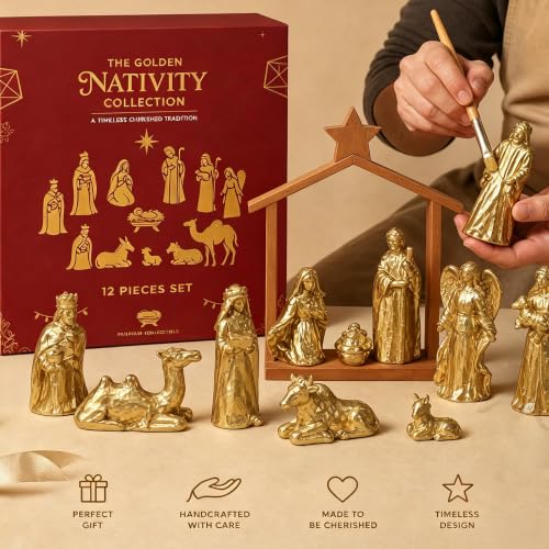Gold 12-Piece Nativity Scene Set with Stable - Religious Christmas Decoration