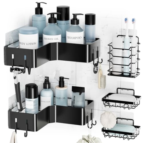 Black Corner Shower Caddy Set - No-Drill Adhesive Bathroom Organizer, 5 Pieces