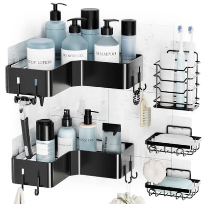 Black Corner Shower Caddy Set - No-Drill Adhesive Bathroom Organizer, 5 Pieces
