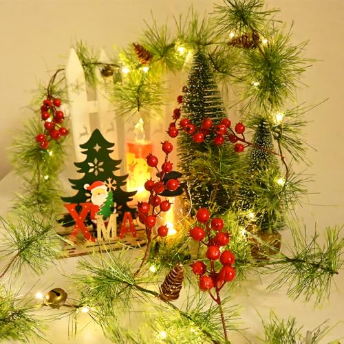 Christmas Garlands Lights 9.84FT Smokey Pine with Red Berries & Bells - Battery Operated