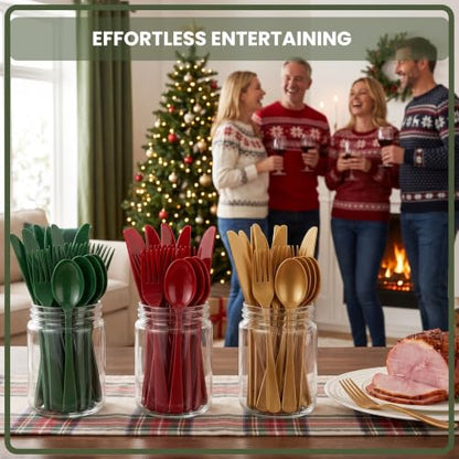 Christmas Plastic Silverware Set 300pcs Full Size Disposable Cutlery - Red Green Gold