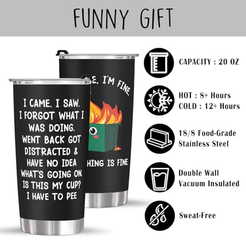 Funny Insulated 20oz Tumbler It’s Fine I’m Fine Dumpster Fire Sarcastic Mug - Variation of I Saw Fine Dumpster