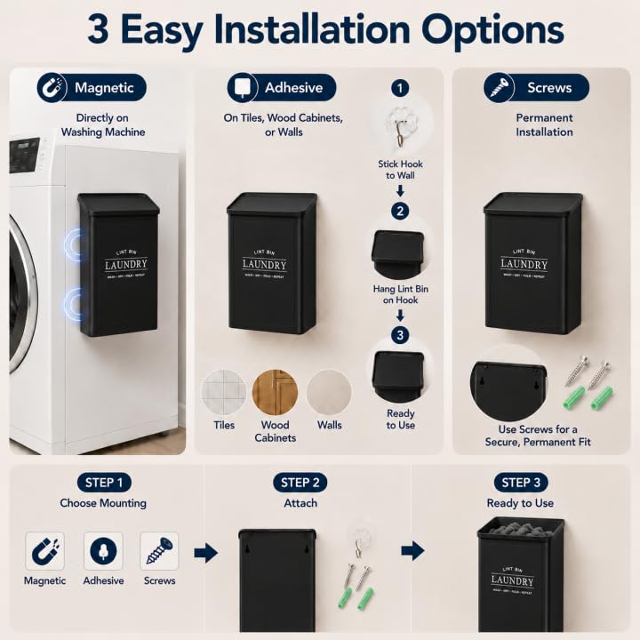 Lint Bin for Laundry Room Black - Dryer Lint Catcher with Mounting Options