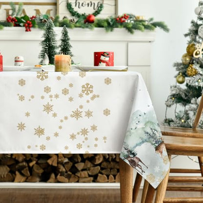Horaldaily Christmas Tablecloth 52 x 70 Inch Rectangular with Green Snow Deers