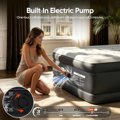Full & Queen Air Mattress with Built-In Pump – 18 Inch Raised, Waterproof PVC