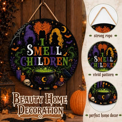 Halloween Door Sign I Smell Children - Witch Themed Front Door Decoration - Orange & Green