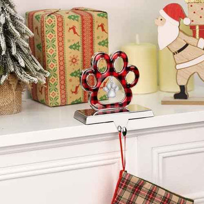 Hooqict Dog Paw Christmas Stocking Holder with Pendant for Mantel 3D Silver Metal Mantel Buffalo Plaid Stocking Holder Fireplace Decorations Christmas Stocking Hanger for Christmas Table Decor