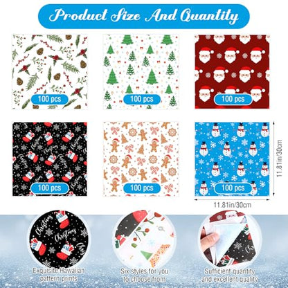 Christmas Wax Paper Sheets 12x12 Inch - Santa, Tree & Snowflake Patterns - 600 Pack with Variation Christmas Theme / 600