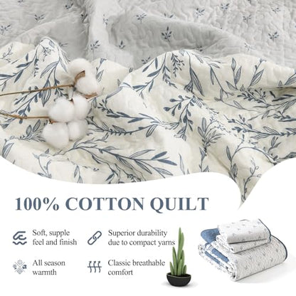 Oversized Cotton King Quilt Set with Botanical Stripe Design - Moonlight Blue/Gray/Off White, 106"x118"