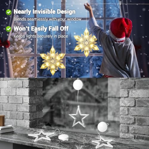Quntis Christmas Snowflake Window Lights 3 Pack 36 LEDs Diamond-Star Decor with 8 Light Modes