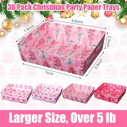 Christmas Pink Paper Food Trays - 36 Pack Disposable Serving Trays for Party
