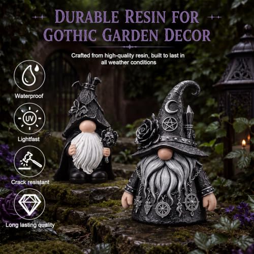 Gothic Gnome Statues Set - Halloween Witch and Bat Figurines for Dark Decor