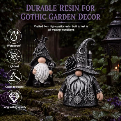 Gothic Gnome Statues Set - Halloween Witch and Bat Figurines for Dark Decor