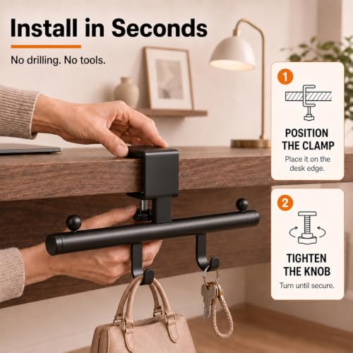 Desk Bag Hook for Desk Black Bag Holder Clamp-On Purse & Backpack Hook