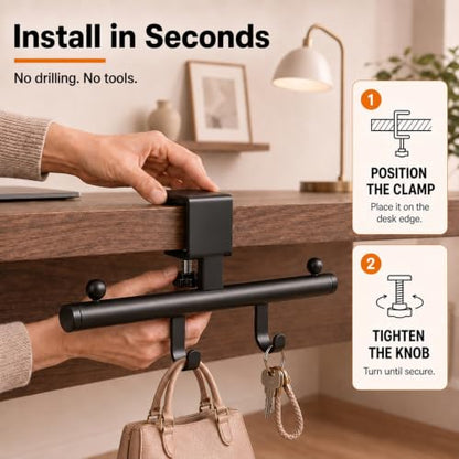 Desk Bag Hook for Desk Black Bag Holder Clamp-On Purse & Backpack Hook