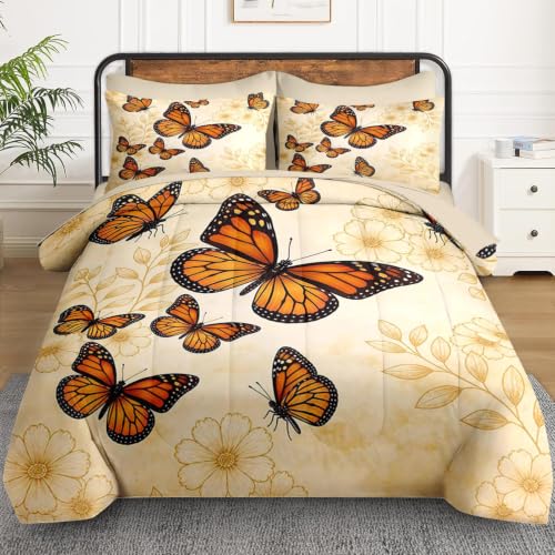 WeCozy Vintage Butterfly Queen Comforter Set - Botanical Bedding, 7 Pieces