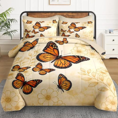 WeCozy Vintage Butterfly Queen Comforter Set - Botanical Bedding, 7 Pieces