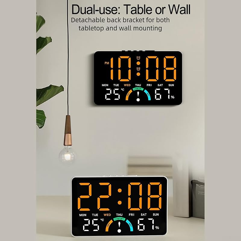 LED Wall Clock with Large Display - Temperature & Humidity Monitor, Wall or Desk Mount (Orange) - Yunnesdre