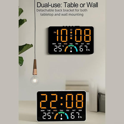 LED Wall Clock with Large Display - Temperature & Humidity Monitor, Wall or Desk Mount (Orange) - Yunnesdre