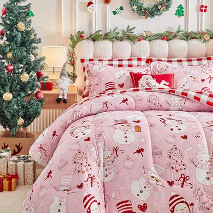 Pink Snowman Christmas Comforter Sheet Set King - 7 Pieces Holiday Bedding