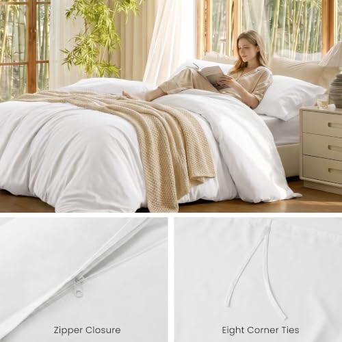 Queen Size Duvet Cover Set - 100% Rayon Derived from Bamboo, Love's Cabin White