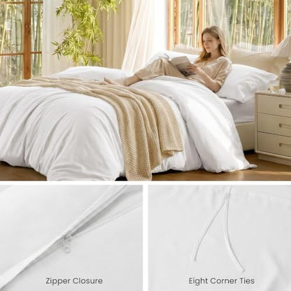 Queen Size Duvet Cover Set - 100% Rayon Derived from Bamboo, Love's Cabin White
