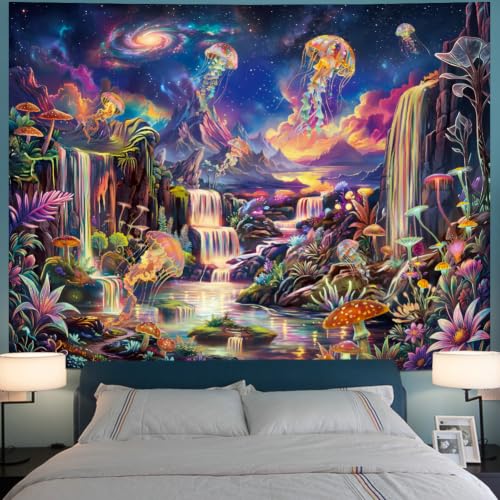UV Reactive Galaxy Space Tapestry - Blacklight Neon Waterfall Wall Hanging with Variation Galaxy Space 59.1L x 51.2W inches