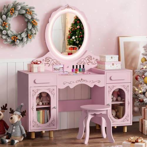 Kids Vanity Set with Large Lighted Mirror and Storage Cabinet - Princess Toddler Dressing Table & Stool