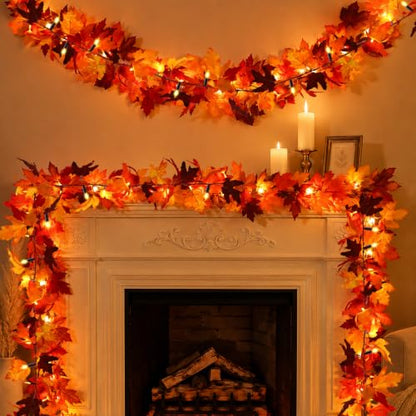 12 Ft LED Fall Garland with 50 Lights and 8 Modes Waterproof Maple Leaf Decor