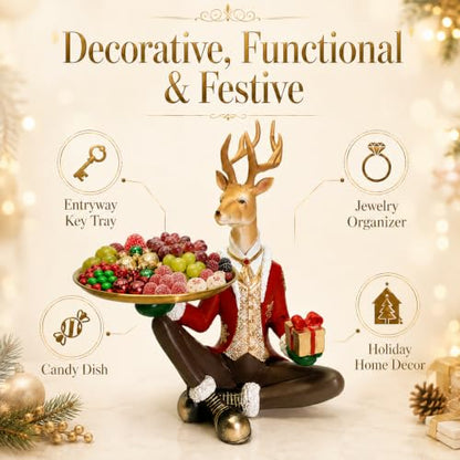 Red Deer Statue Tray for Entryway Jewelry and Keys - Festive Christmas Decor