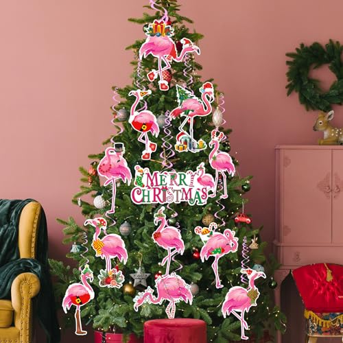 Christmas Hanging Swirl Decorations Pink Flamingo 24Pcs Holiday Ornaments