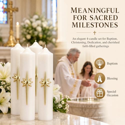 Christmas Advent Candles Set - 4 White Religious Pillar Candles with Gold Star