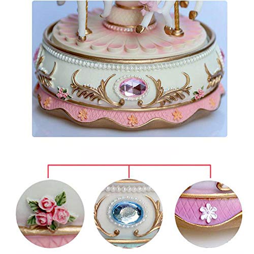 Pink Carousel Music Box for Girls, Rotating Horses with LED Light, 5.9 in