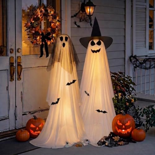 Halloween Ghost Decorations Light Up Ghosts Outdoor - 2 Pack, Veil Witch Hat Variant
